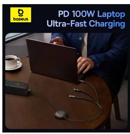Baseus Retractable 100W 3 in 1 Fast USB Cable for Macbook iPad iPhone 16 15 Samsung
