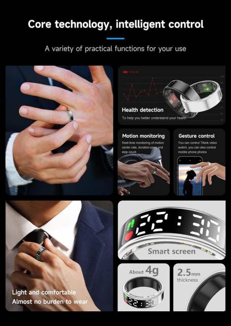 SR08 Smart Ring Men Women LED Display Heart Rate Blood Oxygen Monitor Multi-Sport Mode IP68 5ATM Waterproof Bluetooth Sleep Ring