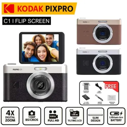 NEW KODAK PIXPRO C1 Digital Camera All-in-one 13MP Sensor 26mm Fixed Focus Lens and 180° Tilting LCD