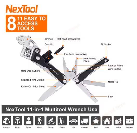NexTool Multitool Wrench W4 11-In-1 Adjustable Wrench Pliers Folding Knife Hand Tools Screwdriver Wooding