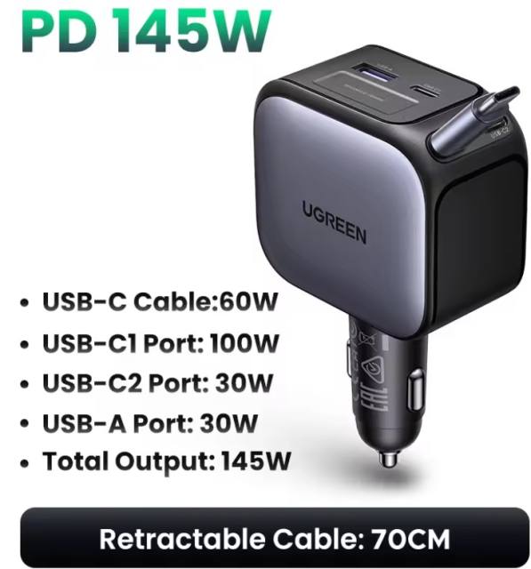 NEW UGREEN 145W 90W 60W Car Charger 3 USB-C & 1 USB-A Ports PD QC4.0 Fast Charging