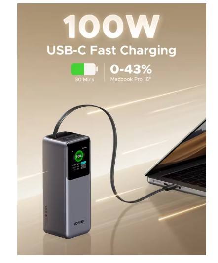NEW UGREEN Nexode Pro 165W Power Bank 20000mAh Large Capacity Built-in 65CM Cable Mobile Power TFT Screen Digital Display