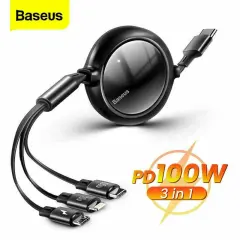 NEW Baseus Retractable 100W 3 in 1 Fast USB Cable for Macbook iPad iPhone 16 15 Samsung