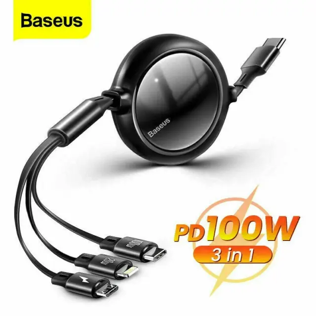 NEW Baseus Retractable 100W 3 in 1 Fast USB Cable for Macbook iPad iPhone 16 15 Samsung