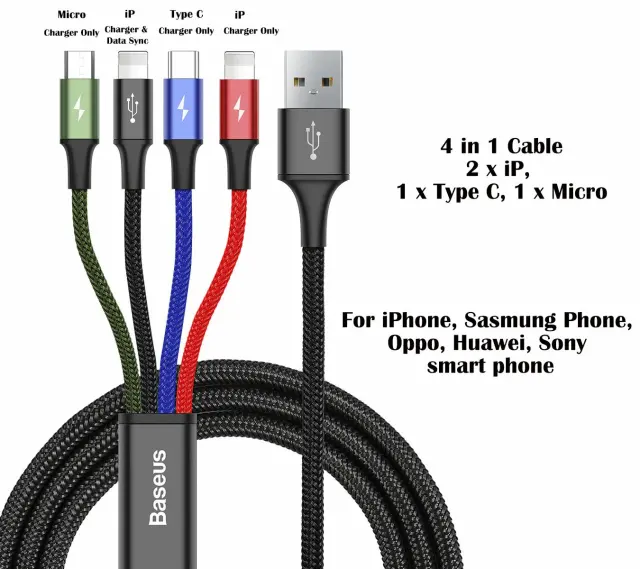 NEW Baseus 4 in 1 Multi USB Charger Cable Cord for iPhone USB TYPE C ...