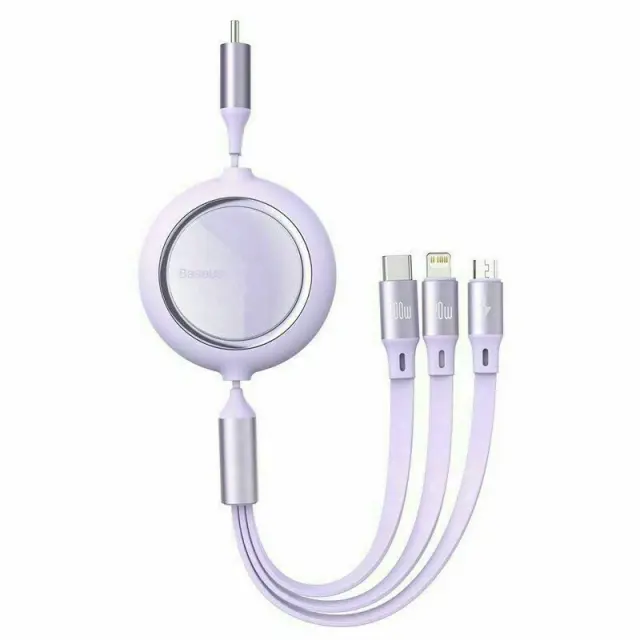 Baseus Retractable 100W 3 in 1 Fast USB Cable for Macbook iPad iPhone 16 15 Samsung