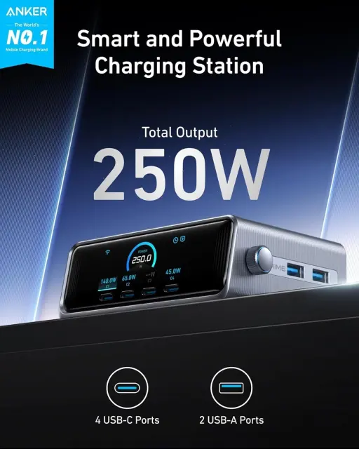NEW Anker Prime 250W USB-C Charger 6-Port GaN Charging Station Smart Control Dial