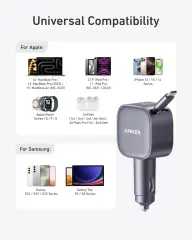Anker USB-C Car Charger 75W Adapter Built-in Retractable Cable for iPhone 16/17/Mac