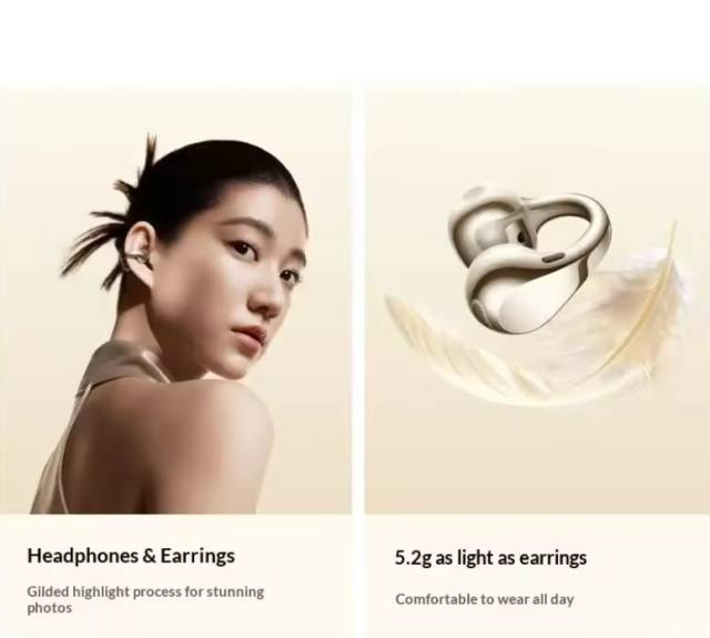 Oppo Enco Clip2 Open Ear Wireless Bluetooth Earphones Ear Jewelry 5.2 Grams Ultra Light Gold Plated All Day Comfort Adults