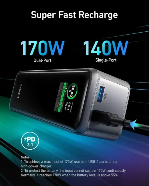 Anker Prime Power Bank 27650mAh 3-Port 250W Portable Charger 99.54Wh w/Smart App