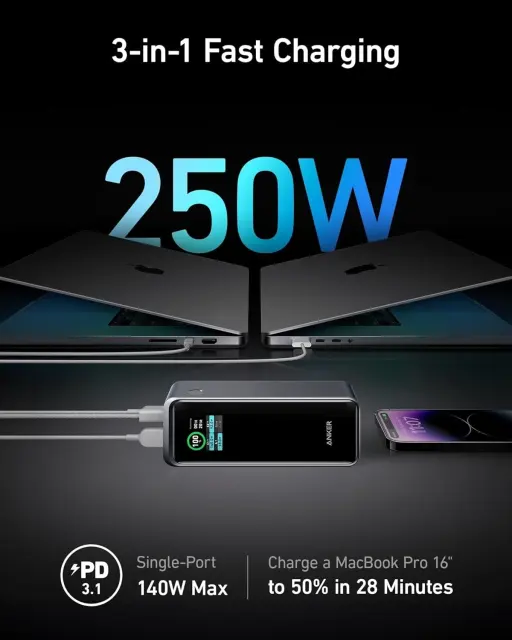 Anker Prime Power Bank 27650mAh 3-Port 250W Portable Charger 99.54Wh w/Smart App