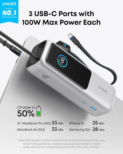 Anker Laptop Power Bank 25000mAh Portable Charger 100W USB-C Built-in Cable