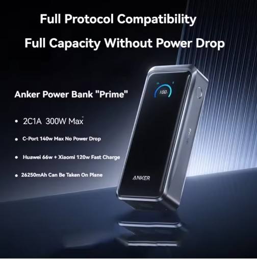 Anker Prime Portable Power Bank 300W Max Fast Charging 26250mAh 3C Certified Airplane Friendly