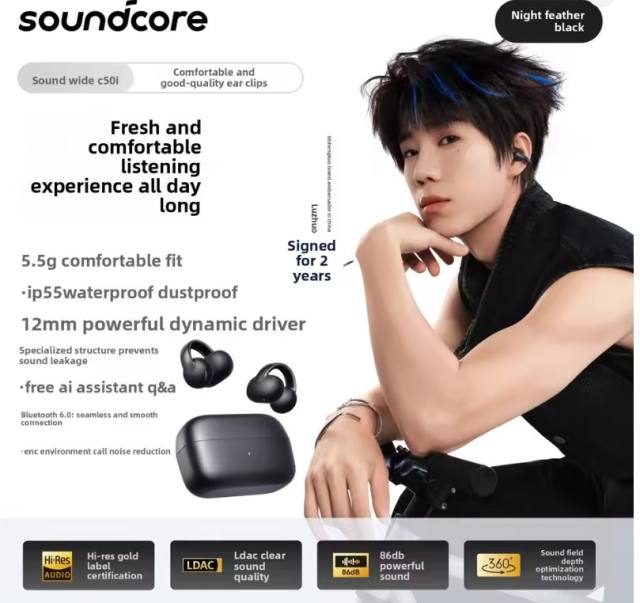 NEW ANKER Soundcore C50i Ear Clip Wireless Bluetooth Earphones with Dustproof and Waterproof Features