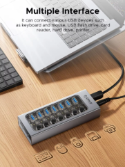 ORICO USB3.0 Hub Aluminum Industrial 7-Port Splitter Split Switch with 12v Power Adapter