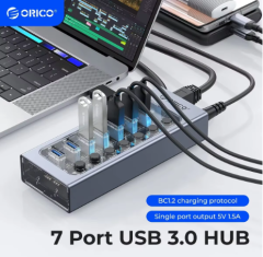 ORICO USB3.0 Hub Aluminum Industrial 7-Port Splitter Split Switch with 12v Power Adapter