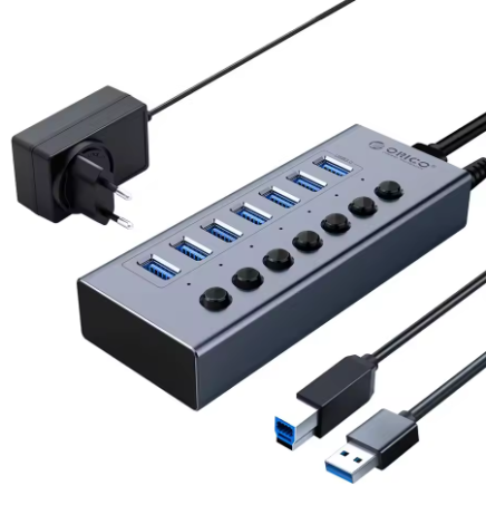 ORICO USB3.0 Hub Aluminum Industrial 7-Port Splitter Split Switch with 12v Power Adapter