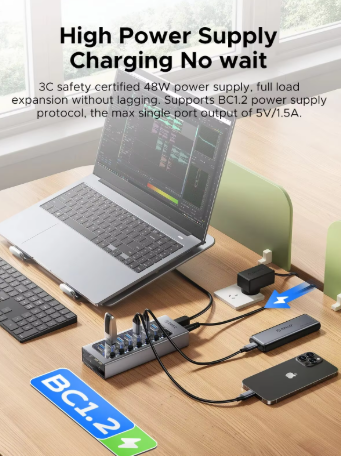 ORICO USB3.0 Hub Aluminum Industrial 7-Port Splitter Split Switch with 12v Power Adapter