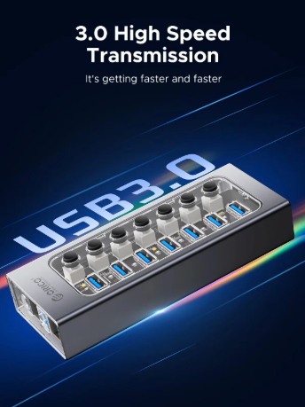 ORICO USB3.0 Hub Aluminum Industrial 7-Port Splitter Split Switch with 12v Power Adapter