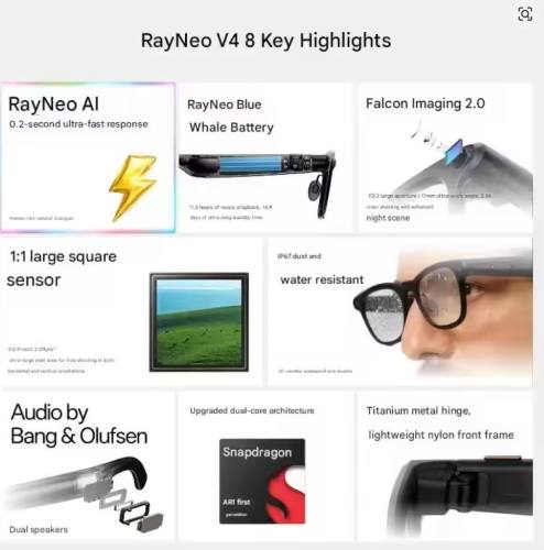 RayNeo V4 AI Smart Glasses Bluetooth Audio IP67 Waterproof AI Photography Translation Lightweight Support IOS Android