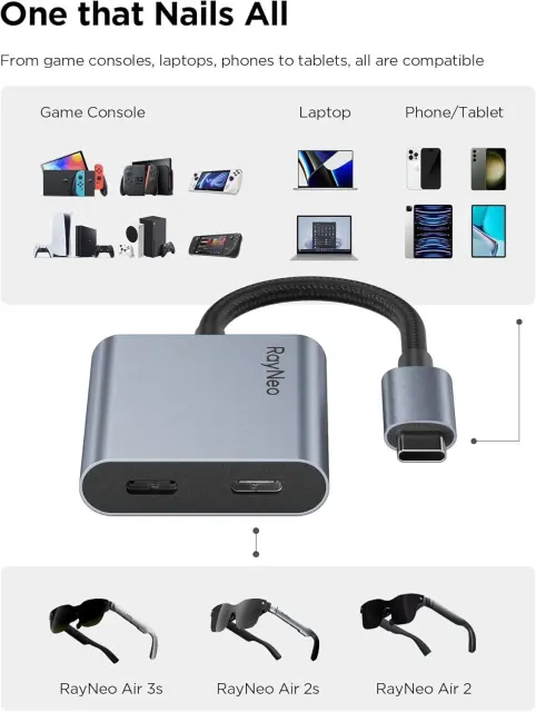 TCL RayNeo USB-C to Glasses Charging Adapter Plug 100W PD Charging 4K60Hz Output