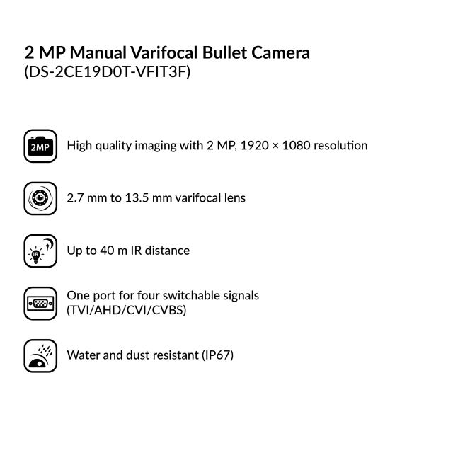 2MP Manual Varifocal Bullet Camera | DS-2CE19D0T-VFIT3F