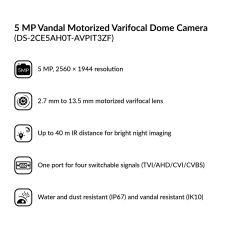 5MP Vandal Motorized Varifocal Dome Camera | DS-2CE5AH0T-AVPIT3ZF