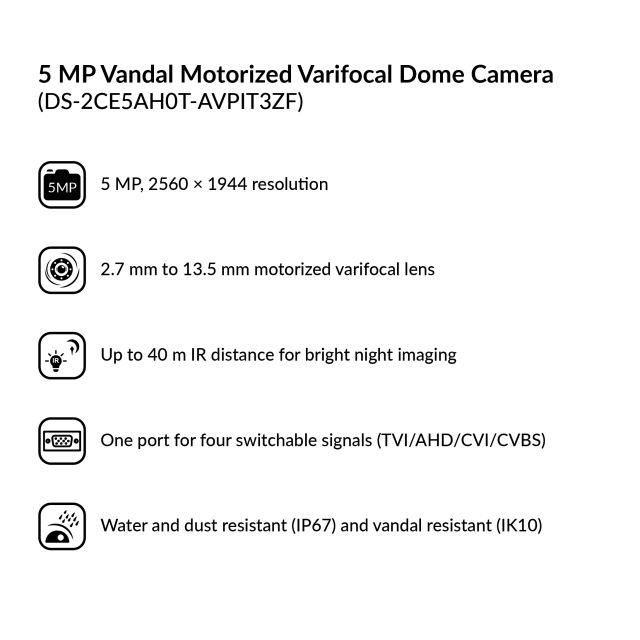 5MP Vandal Motorized Varifocal Dome Camera | DS-2CE5AH0T-AVPIT3ZF