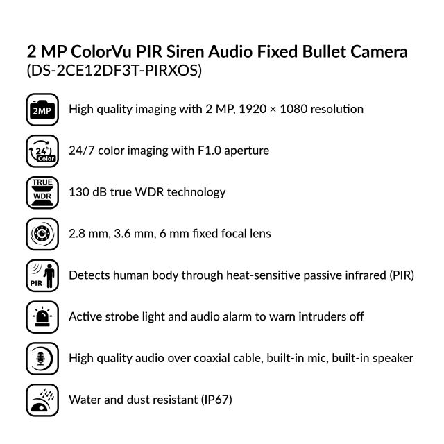 2MP ColorVu PIR Siren Audio Fixed Bullet Camera | DS-2CE12DF3T-PIRXOS