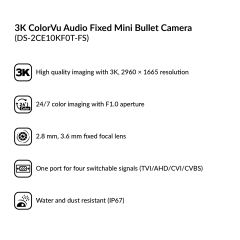 5MP (3K) ColorVu Audio Fixed Mini Bullet Camera | DS-2CE10KF0T-FS