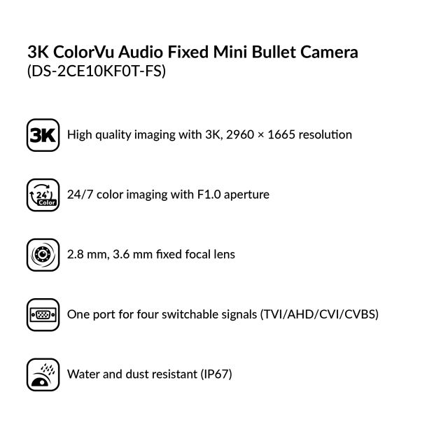 5MP (3K) ColorVu Audio Fixed Mini Bullet Camera | DS-2CE10KF0T-FS