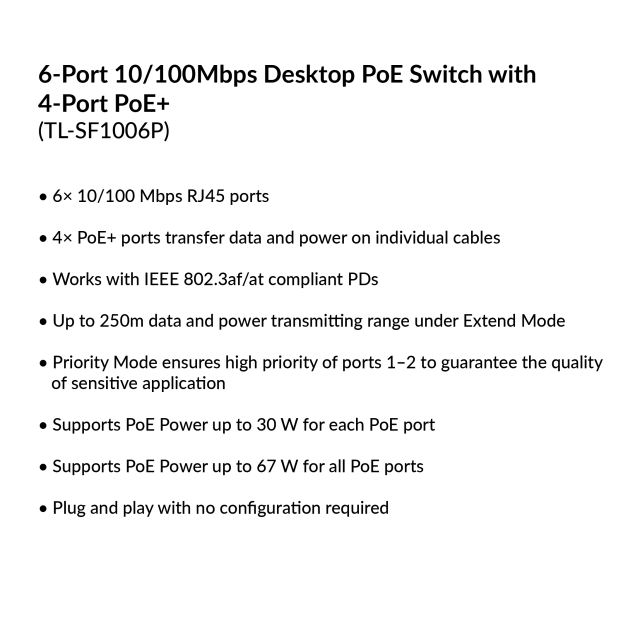 TL-SF1006P, 6-Port 10/100Mbps Desktop Switch with 4-Port PoE+