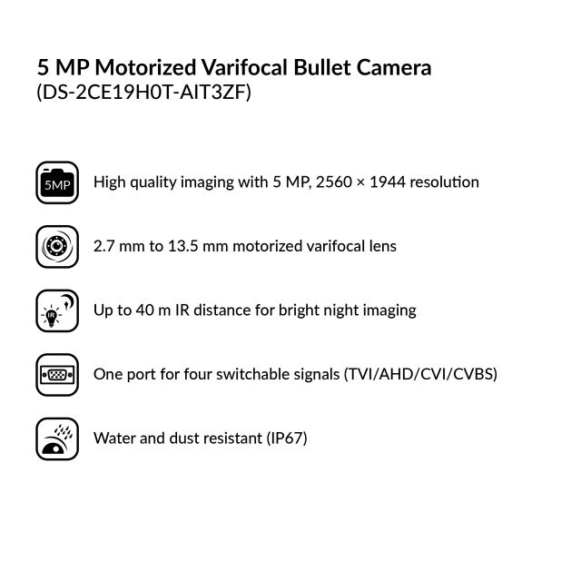 5MP Motorized Varifocal Bullet Camera |  DS-2CE19H0T-AIT3ZF