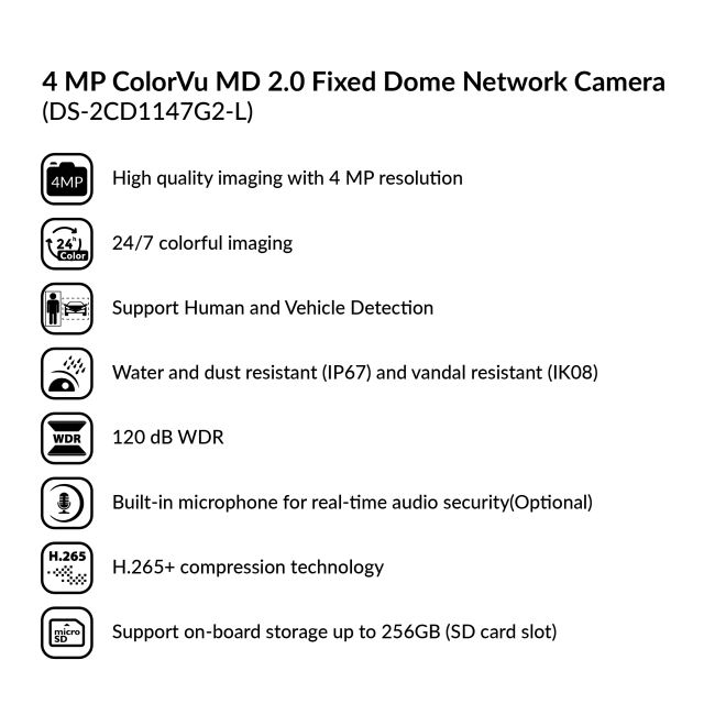 4MP ColorVu MD 2.0 Fixed Dome Network Camera | DS-2CD1147G2-L