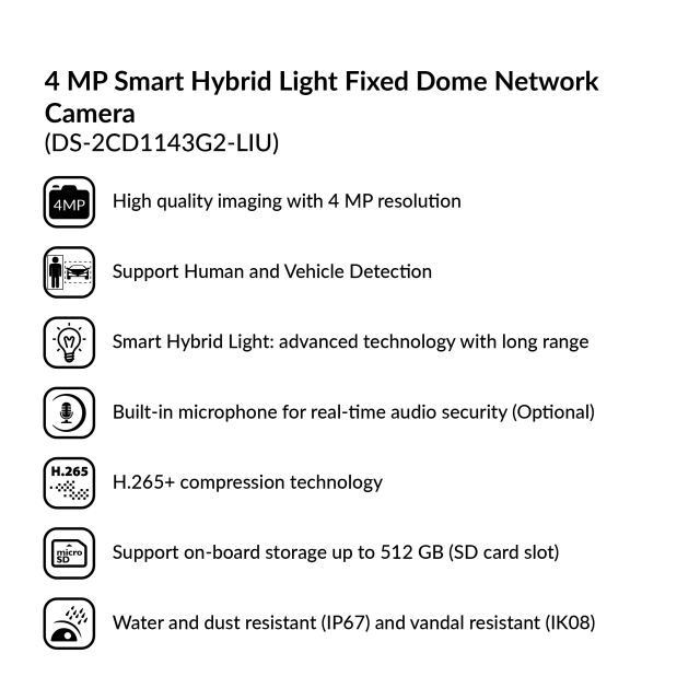 4MP Smart Hybrid Light Fixed Dome Network Camera | DS-2CD1143G2-LIU