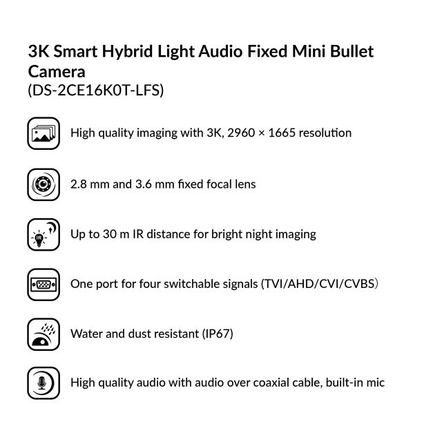 3K Smart Hybrid Light Audio Fixed Mini Bullet Camera | DS-2CE16K0T-LFS