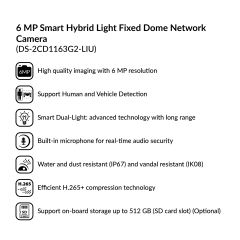 6MP Smart Hybrid Light Fixed Dome Network Camera | DS-2CD1163G2-LIU