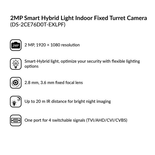 2MP Smart Hybrid Light Indoor Fixed Turret Camera | DS-2CE76D0T-EXLPF