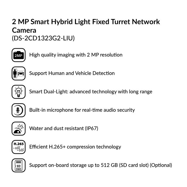 2MP Smart Hybrid Light Fixed Turret Network Camera | DS-2CD1323G2-LIU