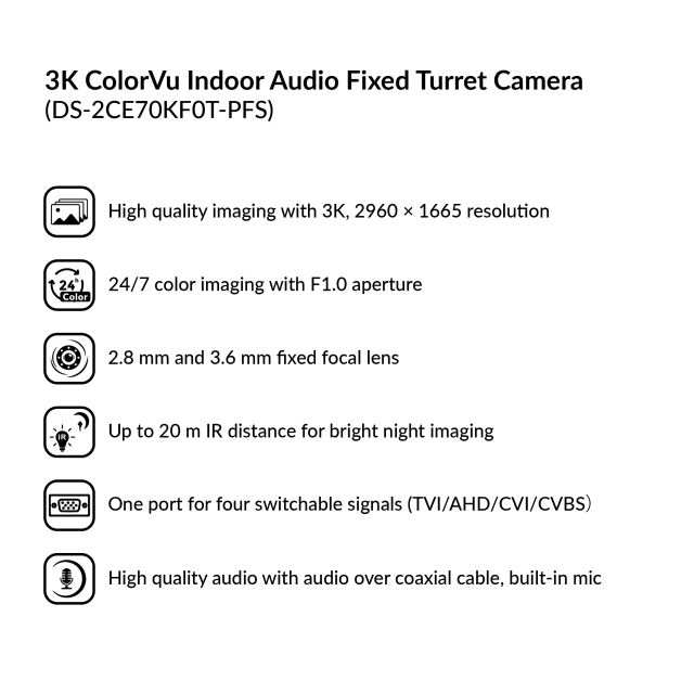 3K ColorVu Indoor Audio Fixed Turret Camera | DS-2CE70KF0T-PFS