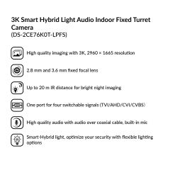 3K Smart Hybrid Light Audio Indoor Fixed Turret Camera | DS-2CE76K0T-LPFS