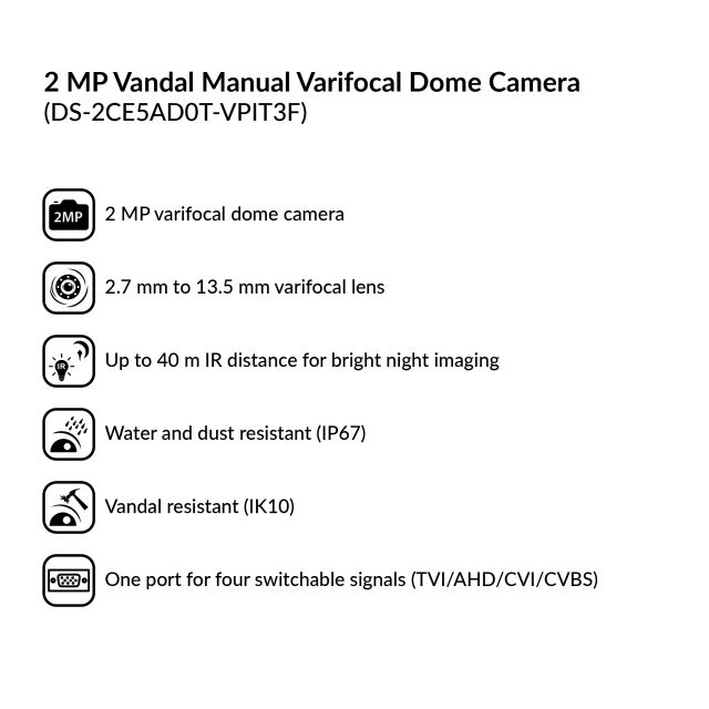 2MP Vandal Manual Varifocal Dome Camera | DS-2CE5AD0T-VPIT3F(C)