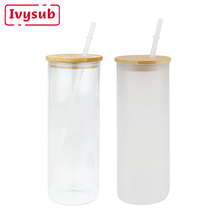USA Warehouse 25oz Frosted Clear Beer Can Glass Sublimation Water Bottle Glass Jar with Bamboo Lid and Straws