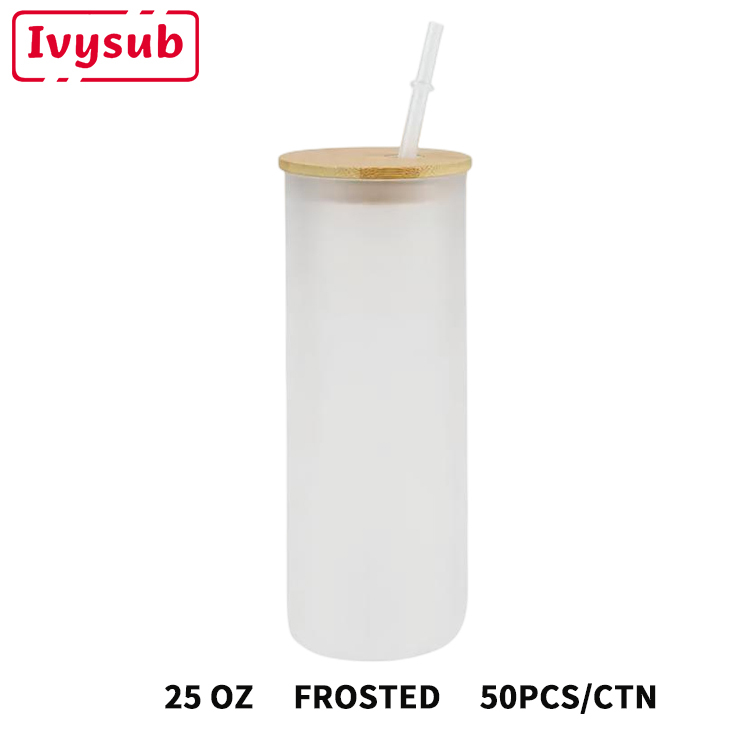 USA Warehouse 25oz Frosted Clear Beer Can Glass Sublimation Water Bottle Glass Jar with Bamboo Lid and Straws