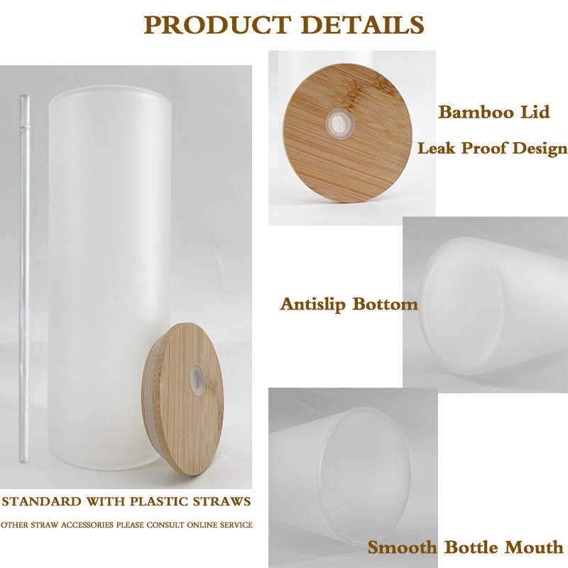 USA Warehouse 25oz Frosted Clear Beer Can Glass Sublimation Water Bottle Glass Jar with Bamboo Lid and Straws
