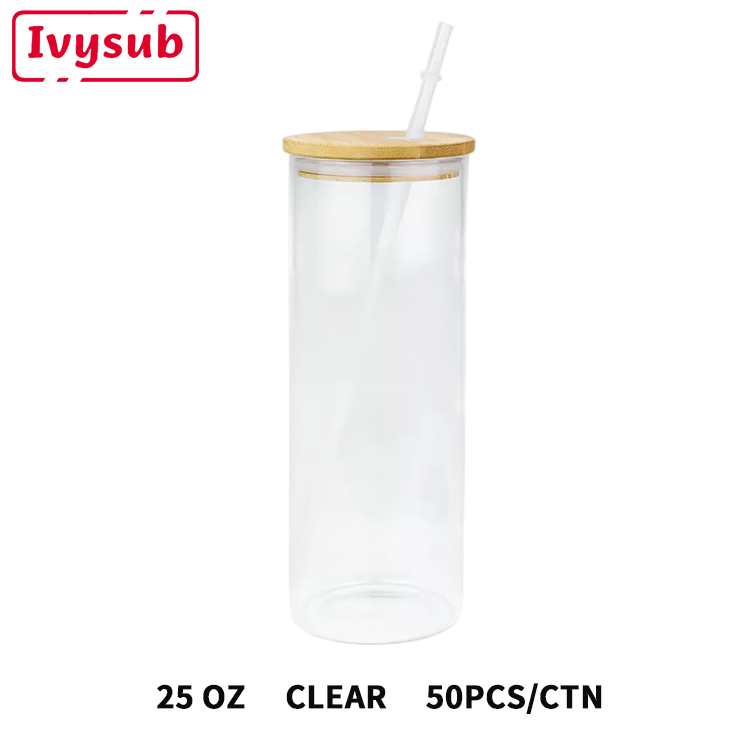 USA Warehouse 25oz Frosted Clear Beer Can Glass Sublimation Water Bottle Glass Jar with Bamboo Lid and Straws