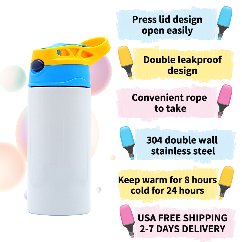 Colors Mixed 12OZ Kids Water Bottle BPA Free Insulated Stainless Steel Cute Sublimation Blank Tumbler for Kids