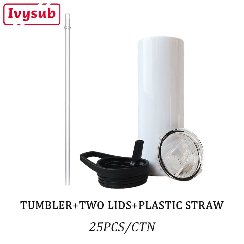 USA Warehouse Two Lids 20OZ Sublimation Blanks Stainless Steel Skinny Water Bottles Sublimation Straight Tumblers with Straw