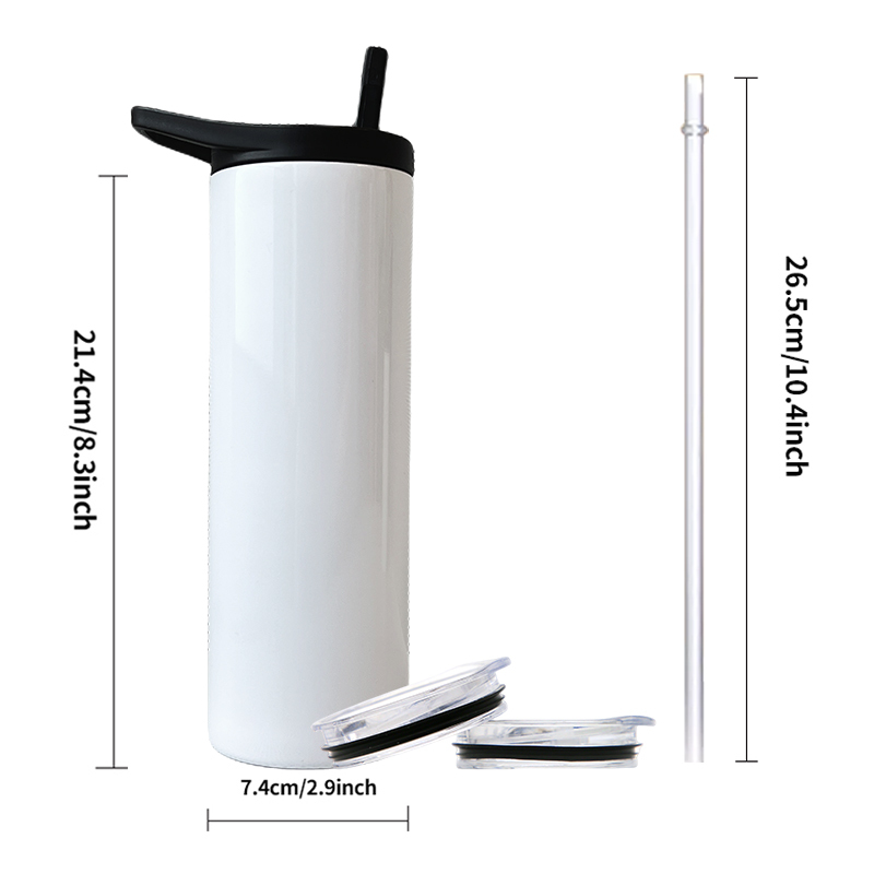 USA Warehouse Two Lids 20OZ Sublimation Blanks Stainless Steel Skinny Water Bottles Sublimation Straight Tumblers with Straw