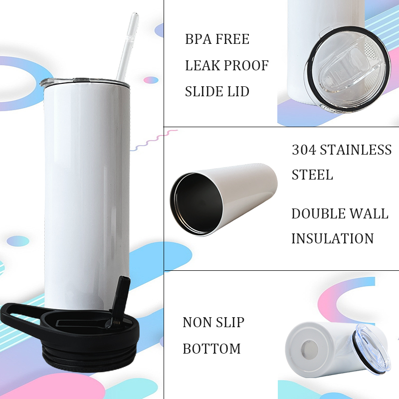 USA Warehouse Two Lids 20OZ Sublimation Blanks Stainless Steel Skinny Water Bottles Sublimation Straight Tumblers with Straw
